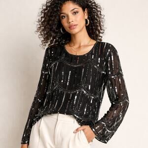 Vintage Stenay Silk Sequin Cocktail Blouse Top Black Sheer Sleeve M